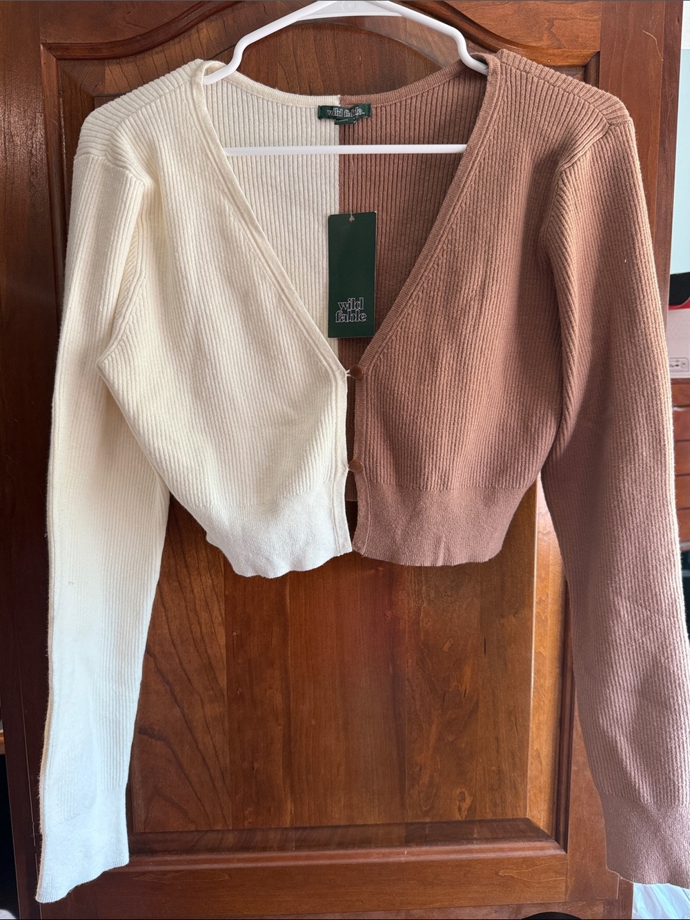 wild fable Two-Tone V-Neck Cropped Cardigan — Cream & Brown